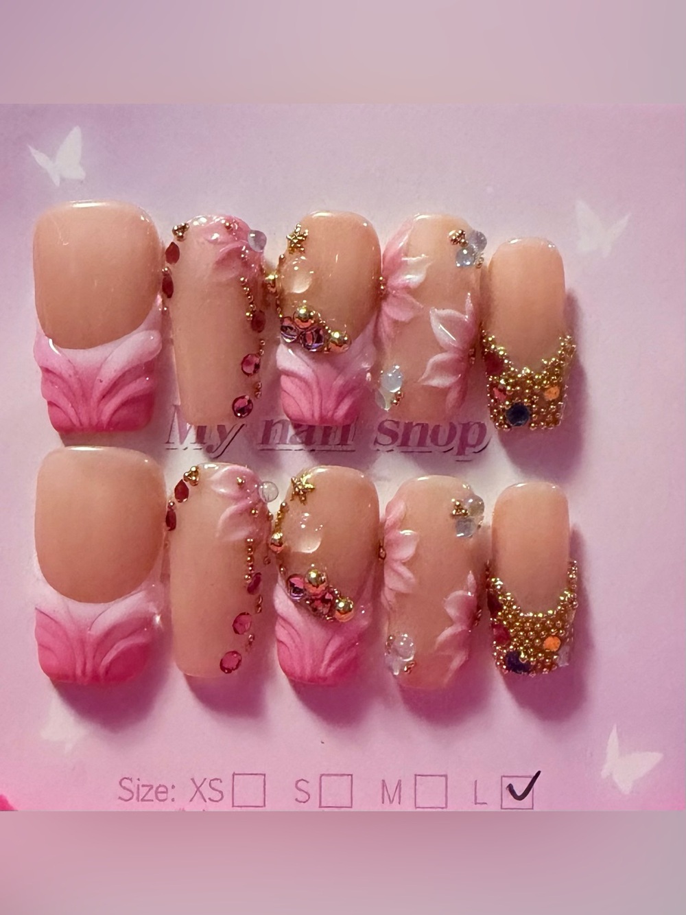 Pink Floral Rhinestone Press-On Nails by